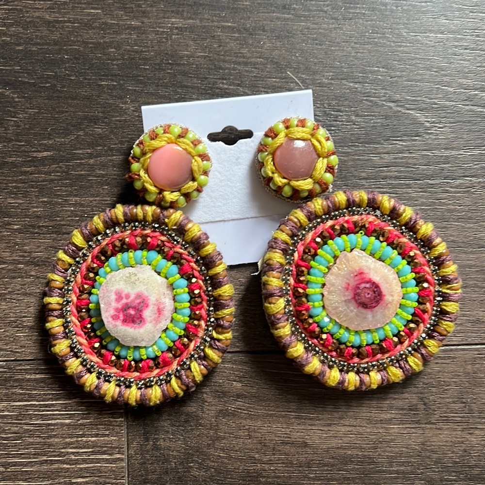 Round Beaded and String Earrings with leather backing